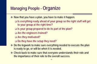 14
Managing People - Organize
 Now that you have a plan, you have to make it happen.
 Is everything ready ahead of your ...