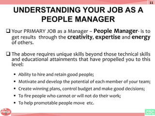 UNDERSTANDING YOUR JOB AS A
PEOPLE MANAGER
 Your PRIMARY JOB as a Manager – People Manager- is to
get results through the...