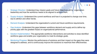 1. Strategic Direction: Understand key mission goals and future objectives set by organization
leadership and how the workforce needs to be aligned to achieve them.
2. Supply Analysis: Understand the current workforce and how it is projected to change over time,
due to attrition and other trends.
3. Demand Analysis: Understand the organization's current and future workforce requirements.
4. Gap Analysis: Understand the gaps between workforce demand and supply and to define top
priority gaps with the greatest impact on organizational performance.
5. Solution Implementation: The appropriate workforce interventions and activities to close identified
workforce gaps and enable your organization to meet its strategic goals.
6. Monitoring Progress: Monitor the performance of solutions and their impact on the gaps they were
designed to address, and to continuously improve the solutions to maximize their effectiveness.
 