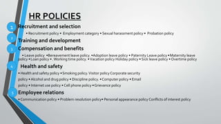 HR POLICIES
Recruitment and selection
• Recruitment policy • Employment category • Sexual harassment policy • Probation policy
Training and development
Compensation and benefits
• Leave policy •Bereavement leave policy. •Adoption leave policy • Paternity Leave policy •Maternity leave
policy •Loan policy •.Working time policy. •Vacation policy Holiday policy • Sick leave policy • Overtime policy
Health and safety
• Health and safety policy •Smoking policy.Visitor policy Corporate security
policy •Alcohol and drug policy • Discipline policy. •Computer policy • Email
policy • Internet use policy • Cell phone policy •Grievance policy
Employee relations
• Communication policy • Problem resolution policy• Personal appearance policy Conflicts of interest policy
1
2
3
4
5
 