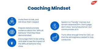 Coaching Mindset
Invite them to talk, and
still show them respect
Prepare data/concrete
evidence about the "difficult
behavior" that they have
demonstrated
Encourage them to be willing
and able to see the impact of
the difficult behavior they
show
Speak in a "friendly" manner, but
remain assertive/firm. Don't judge,
don't show "worry/reluctance", but
communicate as is
Try to allow enough time for C&C, so
that the atmosphere created is truly
conducive.
 