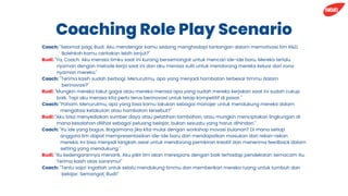 Coaching Role Play Scenario
Coach: "Selamat pagi, Budi. Aku mendengar kamu sedang menghadapi tantangan dalam memotivasi tim R&D.
Bolehkah kamu ceritakan lebih lanjut?"
Budi: "Ya, Coach. Aku merasa timku saat ini kurang bersemangat untuk mencari ide-ide baru. Mereka terlalu
nyaman dengan metode kerja saat ini dan aku merasa sulit untuk mendorong mereka keluar dari zona
nyaman mereka."
Coach: "Terima kasih sudah berbagi. Menurutmu, apa yang menjadi hambatan terbesar timmu dalam
berinovasi?"
Budi: "Mungkin mereka takut gagal atau mereka merasa apa yang sudah mereka kerjakan saat ini sudah cukup
baik. Tapi aku merasa kita perlu terus berinovasi untuk tetap kompetitif di pasar."
Coach: "Paham. Menurutmu, apa yang bisa kamu lakukan sebagai manajer untuk mendukung mereka dalam
mengatasi ketakutan atau hambatan tersebut?"
Budi: "Aku bisa menyediakan sumber daya atau pelatihan tambahan, atau mungkin menciptakan lingkungan di
mana kesalahan dilihat sebagai peluang belajar, bukan sesuatu yang harus dihindari."
Coach: "Itu ide yang bagus. Bagaimana jika kita mulai dengan workshop inovasi bulanan? Di mana setiap
anggota tim dapat mempresentasikan ide-ide baru dan mendapatkan masukan dari rekan-rekan
mereka. Ini bisa menjadi langkah awal untuk mendorong pemikiran kreatif dan menerima feedback dalam
setting yang mendukung."
Budi: "Itu kedengarannya menarik. Aku pikir tim akan merespons dengan baik terhadap pendekatan semacam itu.
Terima kasih atas saranmu!"
Coach: "Tentu saja! Ingatlah untuk selalu mendukung timmu dan memberikan mereka ruang untuk tumbuh dan
belajar. Semangat, Budi!"
 