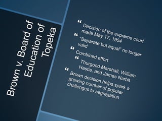 Brown v. Board of Education of TopekaDecision of the supreme court made May 17, 1954“Separate but equal” no longer validCombined effortThurgood Marshall, William Hastie, and James NarbitBrown decision helps spark a growing number of popular challenges to segregation