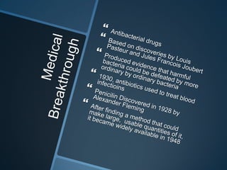 Medical BreakthroughAntibacterial drugs Based on discoveries by Louis Pasteur and Jules Francois JoubertProduced evidence that harmful bacteria could be defeated by more ordinary by ordinary bacteria1930, antibiotics used to treat blood infectioinsPenicilin Discovered in 1928 by Alexander FlemingAfter finding a method that could make large,  usable quantities of it, it became widely available in 1948