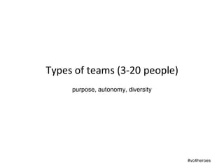 purpose, autonomy, diversity
Types	of	teams	(3-20	people)
#vc4heroes
 