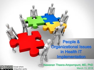 People &
Organizational Issues
in Health IT
Implementation
Nawanan Theera-Ampornpunt, MD, PhD
March 13, 2018
Except where
citing other works
 