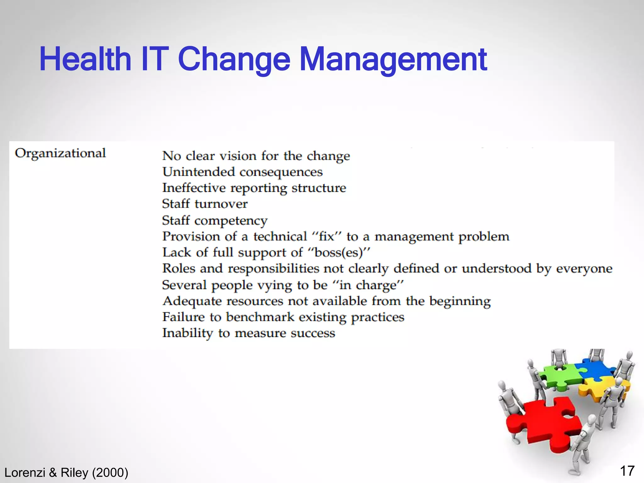 17
Health IT Change Management
Lorenzi & Riley (2000)
 