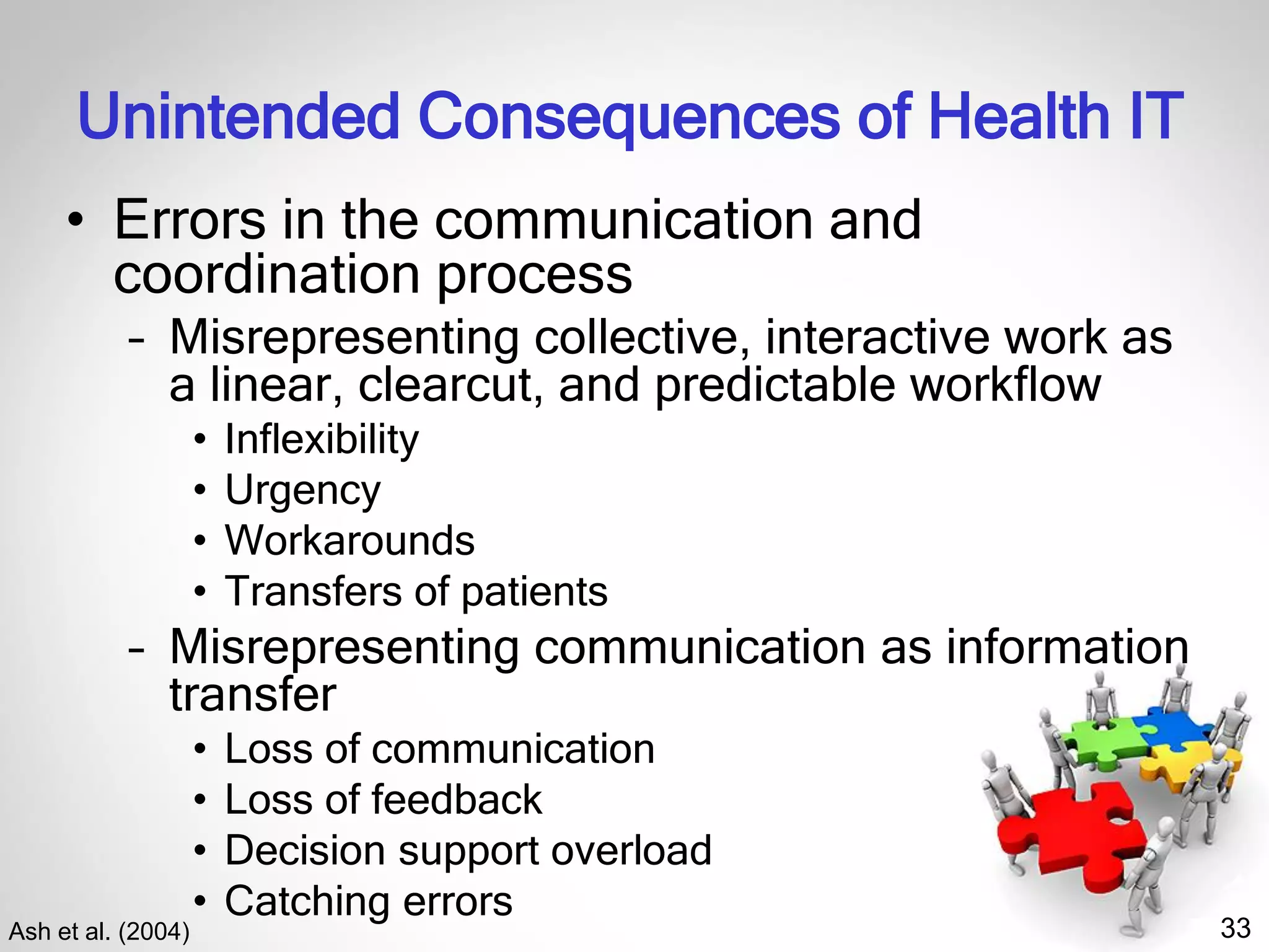 33
Unintended Consequences of Health IT
• Errors in the communication and
coordination process
– Misrepresenting collective, interactive work as
a linear, clearcut, and predictable workflow
• Inflexibility
• Urgency
• Workarounds
• Transfers of patients
– Misrepresenting communication as information
transfer
• Loss of communication
• Loss of feedback
• Decision support overload
• Catching errors
Ash et al. (2004)
 