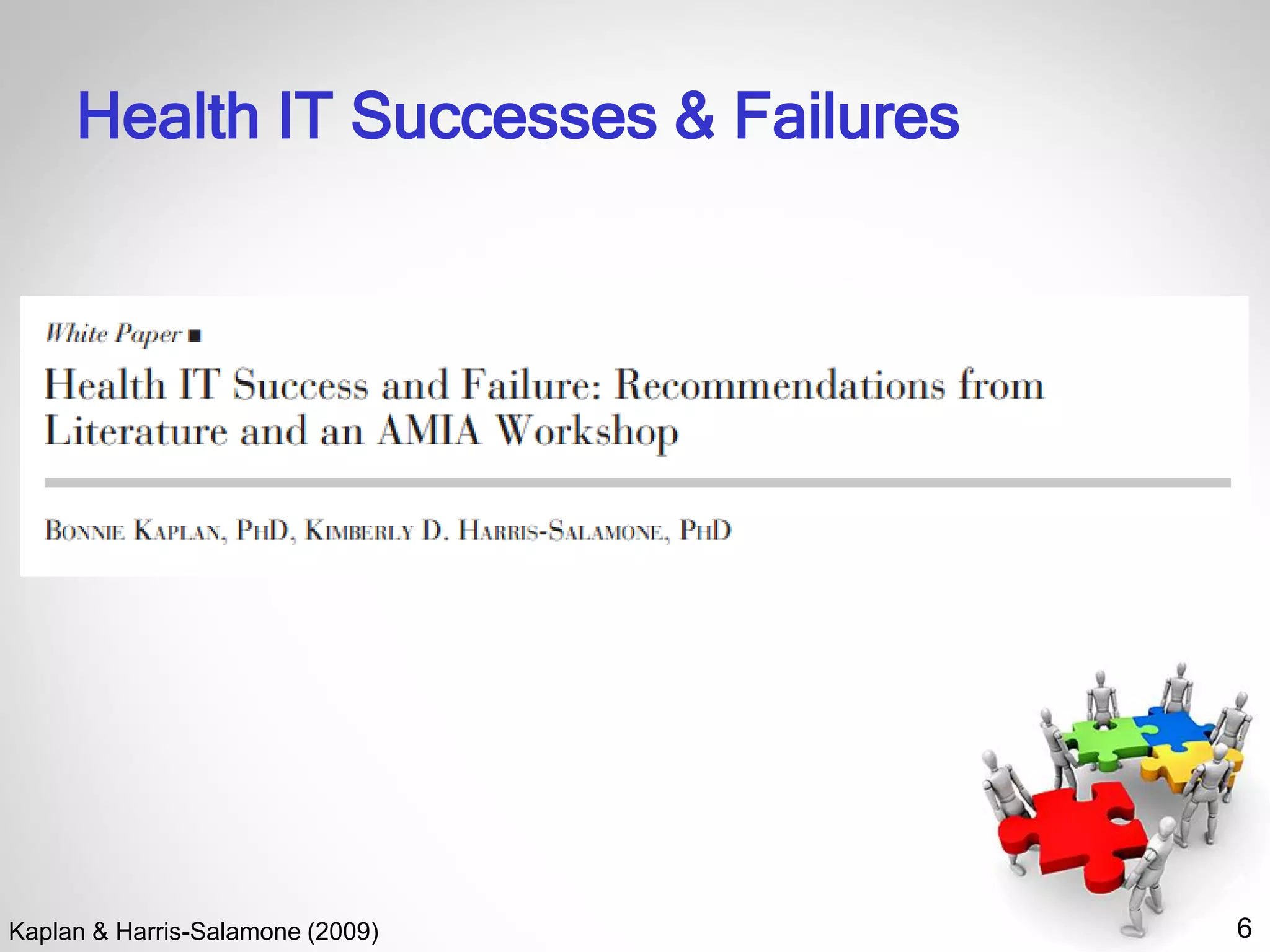 6
Health IT Successes & Failures
Kaplan & Harris-Salamone (2009)
 