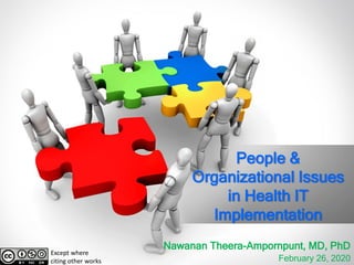 People &
Organizational Issues
in Health IT
Implementation
Nawanan Theera-Ampornpunt, MD, PhD
February 26, 2020
Except where
citing other works
 