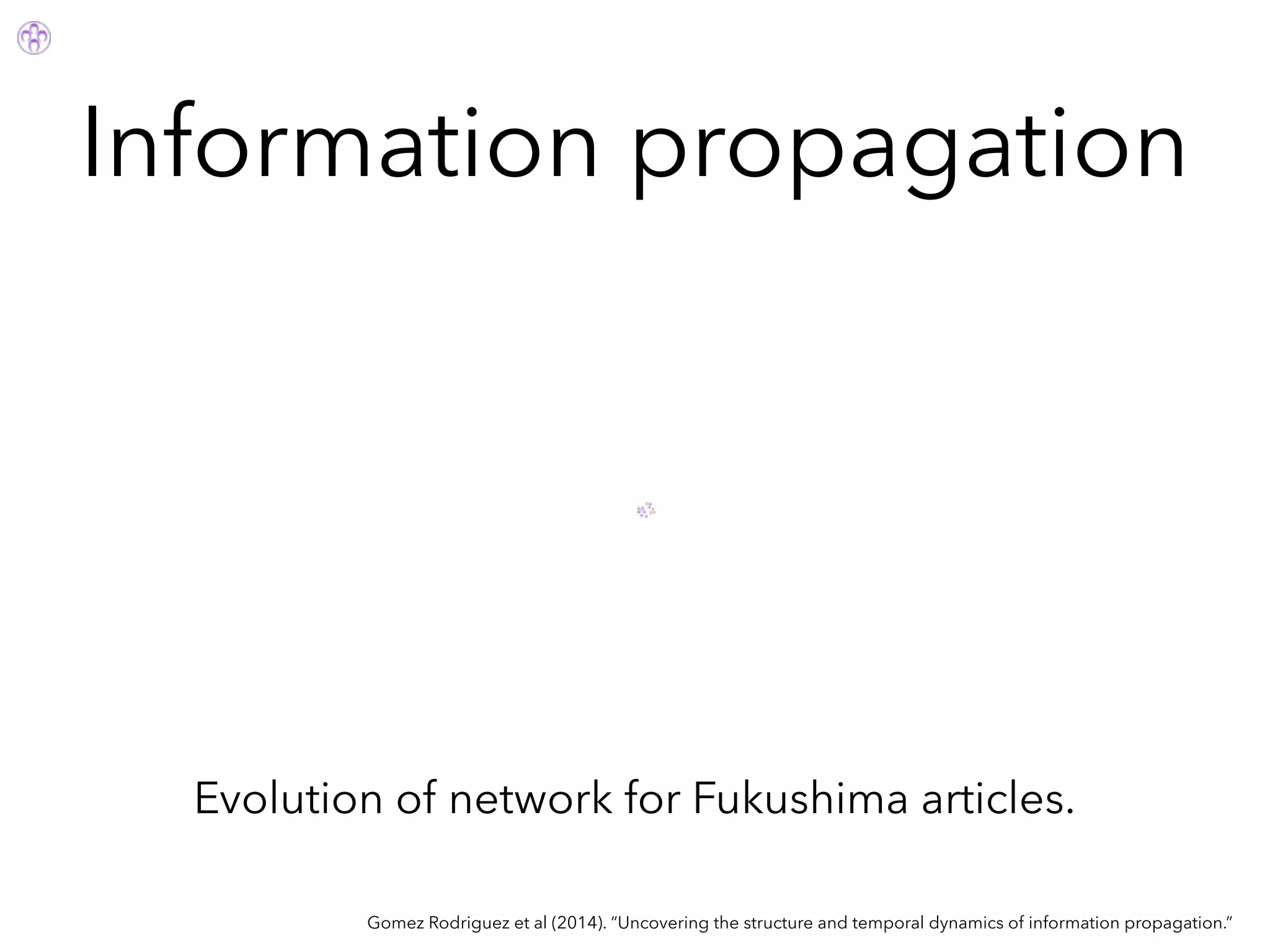 Information propagation
Gomez Rodriguez et al (2014). “Uncovering the structure and temporal dynamics of information propagation.”
Evolution of network for Fukushima articles.
 