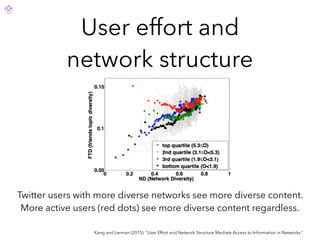 User effort and
network structure
Kang and Lerman (2015). “User Effort and Network Structure Mediate Access to Information in Networks.”
Twitter users with more diverse networks see more diverse content.
More active users (red dots) see more diverse content regardless.
 