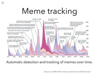 Meme tracking
Leskovec et al. (2009). “Meme-tracking and the Dynamics of the News Cycle.”
Automatic detection and tracking of memes over time.
 