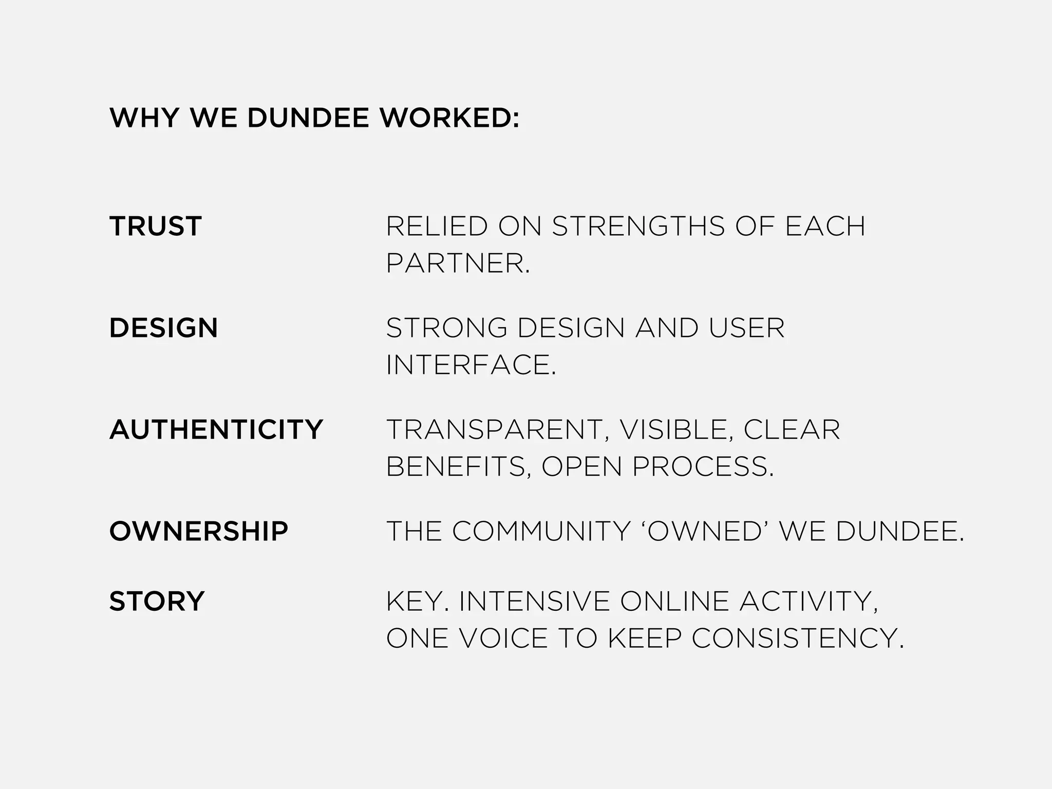 WHY WE DUNDEE WORKED:
!
!
TRUST RELIED ON STRENGTHS OF EACH
PARTNER.
!
DESIGN STRONG DESIGN AND USER
INTERFACE.
!
AUTHENTICITY TRANSPARENT, VISIBLE, CLEAR
BENEFITS, OPEN PROCESS.
!
OWNERSHIP THE COMMUNITY ‘OWNED’ WE DUNDEE.
!
STORY KEY. INTENSIVE ONLINE ACTIVITY,
ONE VOICE TO KEEP CONSISTENCY.
 