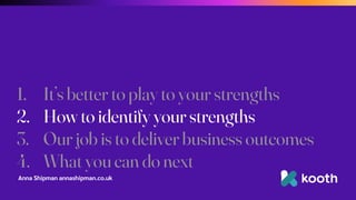 Anna Shipman annashipman.co.uk
1. It’s better to play to your strengths
2. How to identify your strengths
3. Our job is to deliver business outcomes
4. What you can do next
 