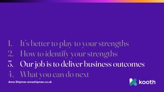 Anna Shipman annashipman.co.uk
1. It’s better to play to your strengths
2. How to identify your strengths
3. Our job is to deliver business outcomes
4. What you can do next
 