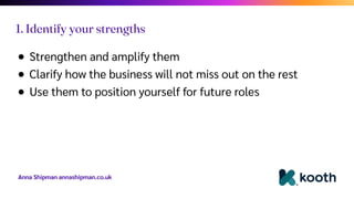 Anna Shipman annashipman.co.uk
● Strengthen and amplify them
● Clarify how the business will not miss out on the rest
● Use them to position yourself for future roles
1. Identify your strengths
 