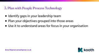 Anna Shipman annashipman.co.uk
● Identify gaps in your leadership team
● Plan your objectives grouped into those areas
● Use it to understand areas for focus in your organisation
3. Plan with People Process Technology
 