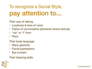 To recognize a Social Style,
pay attention to...
Their way of talking
• Loudness & tone of voice

• Topics of conversation (personal versus factual)

• “we” or “I” form

• Pace



Their body language
• Many gestures

• Facial expressions

• Eye contact



Their listening skills
 