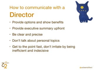 How to communicate with a
Director
•   Provide options and show beneﬁts
•   Provide executive summary upfront
•   Be clear and precise
•   Don’t talk about personal topics
•   Get to the point fast, don’t irritate by being
    inefﬁcient and indecisive
 