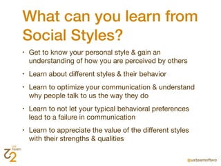 What can you learn from
Social Styles?
•   Get to know your personal style & gain an
    understanding of how you are perceived by others
•   Learn about different styles & their behavior
•   Learn to optimize your communication & understand
    why people talk to us the way they do
•   Learn to not let your typical behavioral preferences
    lead to a failure in communication
•   Learn to appreciate the value of the different styles
    with their strengths & qualities
 