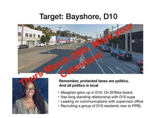 Target: Bayshore, D10
? Meaghan grew up in D10. On SFBike board.

? Has long standing relationship with D10 supe

? Leading on communications with supervisor o?ce

? Recruiting a group of D10 residents new to PPBL
Remember, protected lanes are politics.
And all politics is localThurs March 28th. Mark your
Calendars!
 