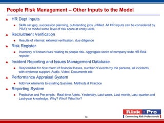 People Risk Management – Other Inputs to the Model
   HR Dept Inputs
        Skills set gap, succession planning, outstanding jobs unfilled. All HR inputs can be considered by
         PRAY to model some level of risk score at entity level.
   Recruitment Verification
        Results of internal, external verification, due diligence
   Risk Register
        Inventory of known risks relating to people risk. Aggregate score of company wide HR Risk
         register
   Incident Reporting and Issues Management Database
        Responsible for how much of financial losses, number of events by the persons, all incidents
         with evidence support. Audio, Video, Documents etc
   Performance Appraisal System
        Add risk elements to existing Systems, Methods & Practice
   Reporting System
        Predictive and Pre-empts. Real-time Alerts. Yesterday, Last-week, Last-month, Last-quarter and
         Last-year knowledge. Why? Who? What for?




                                                           10
 