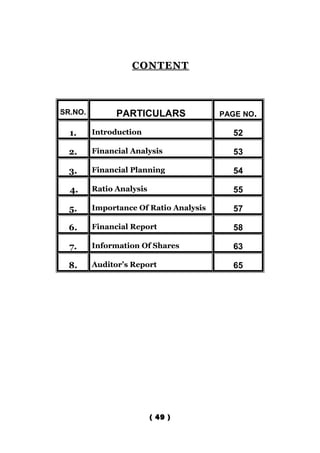 CONTENT



SR.NO.         PARTICULARS              PAGE NO.

  1.     Introduction                     52

  2.     Financial Analysis               53

  3.     Financial Planning               54

  4.     Ratio Analysis                   55

  5.     Importance Of Ratio Analysis     57

  6.     Financial Report                 58

  7.     Information Of Shares            63

  8.     Auditor’s Report                 65




                          ( 49 )
 