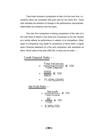Trend ratio involved a comparison of ratio of a firm over time, i.e.,
presents ratios are compared with past ratio for the same firm. Trend
ratio indicates the direction of change in the performance improvement,
deterioration as constancy over the years.


      The inter firm comparison involving comparison of the ratio of a
firm with there of others in the same line of business on for the industry
as a whole reflects its performance in relation to its competitors. Other
types of comparison may relate to comparison of items within a signal
year’s financial statement of a firm and comparison with standards as
plans. Some ratios of the year 2005 (Rs. In lacs) are as under :: -




                              ( 54 )
 