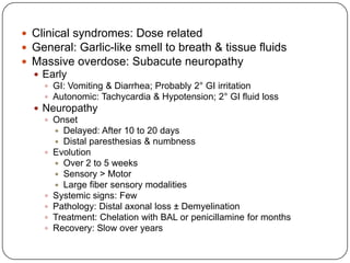  Clinical syndromes: Dose related
 General: Garlic-like smell to breath & tissue fluids
 Massive overdose: Subacute neuropathy
 Early
 GI: Vomiting & Diarrhea; Probably 2° GI irritation
 Autonomic: Tachycardia & Hypotension; 2° GI fluid loss
 Neuropathy
 Onset
 Delayed: After 10 to 20 days
 Distal paresthesias & numbness
 Evolution
 Over 2 to 5 weeks
 Sensory > Motor
 Large fiber sensory modalities
 Systemic signs: Few
 Pathology: Distal axonal loss ± Demyelination
 Treatment: Chelation with BAL or penicillamine for months
 Recovery: Slow over years
 