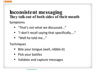 <ul><li>Inconsistent messaging </li></ul><ul><ul><li>They talk out of both sides of their mouth </li></ul></ul><ul><ul><ul...