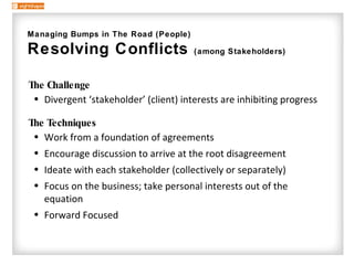 [object Object],[object Object],[object Object],[object Object],[object Object],[object Object],[object Object],[object Object],Managing Bumps in The Road (People) Resolving Conflicts  (among Stakeholders) 