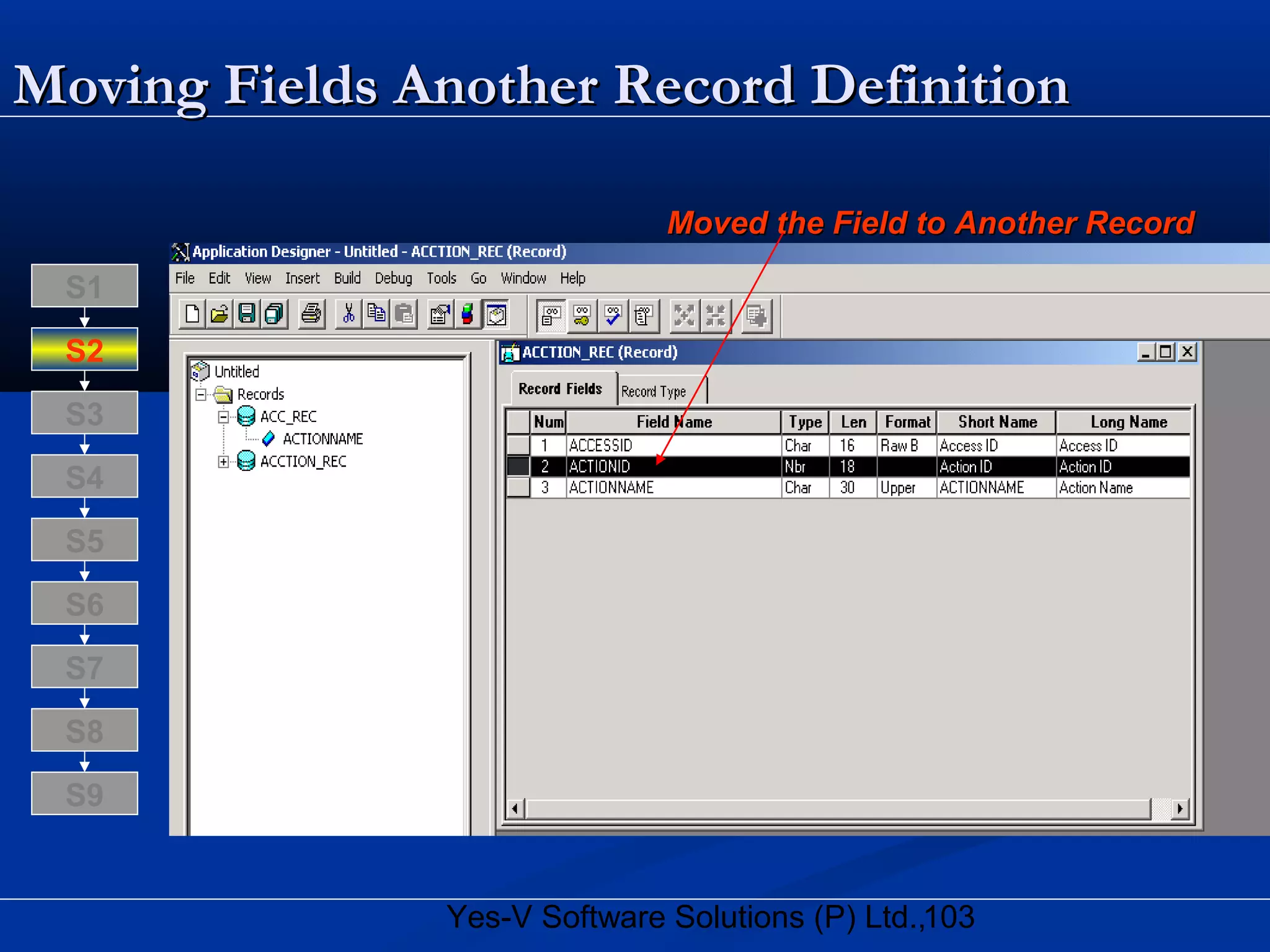 103Yes-V Software Solutions (P) Ltd.,
Moving Fields Another Record DefinitionMoving Fields Another Record Definition
Moved the Field to Another RecordMoved the Field to Another Record
S8
S9
S7
S6
S5
S4
S3
S2
S1
 