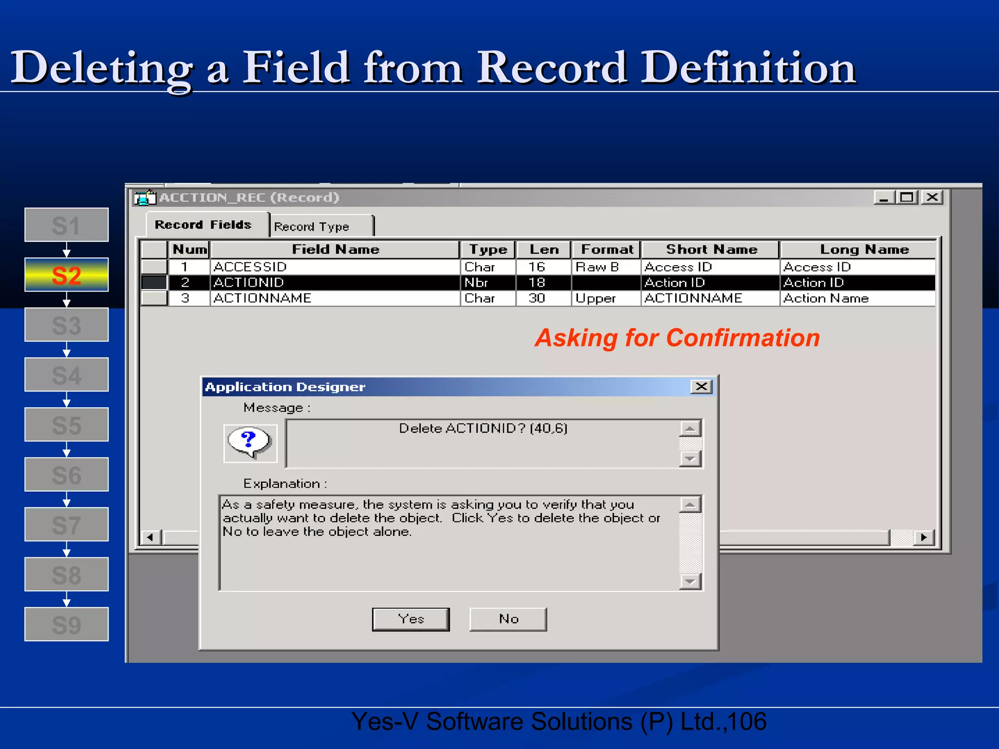 106Yes-V Software Solutions (P) Ltd.,
Deleting a Field from Record DefinitionDeleting a Field from Record Definition
Asking for Confirmation
S9
S8
S9
S7
S6
S5
S4
S3
S2
S1
 