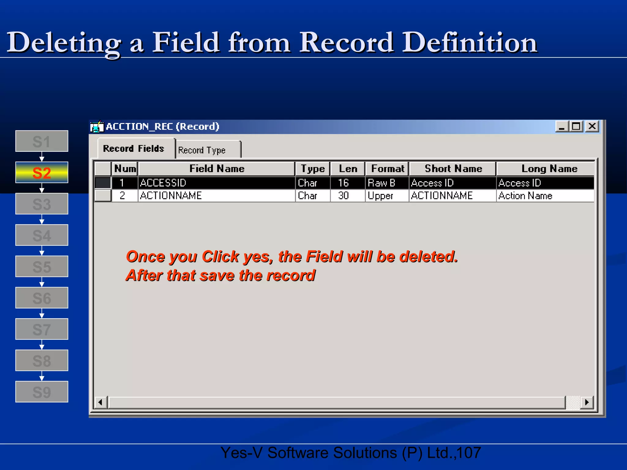 107Yes-V Software Solutions (P) Ltd.,
Deleting a Field from Record DefinitionDeleting a Field from Record Definition
Once you Click yes, the Field will be deleted.Once you Click yes, the Field will be deleted.
After that save the recordAfter that save the record
S8
S9
S7
S6
S5
S4
S3
S2
S1
 