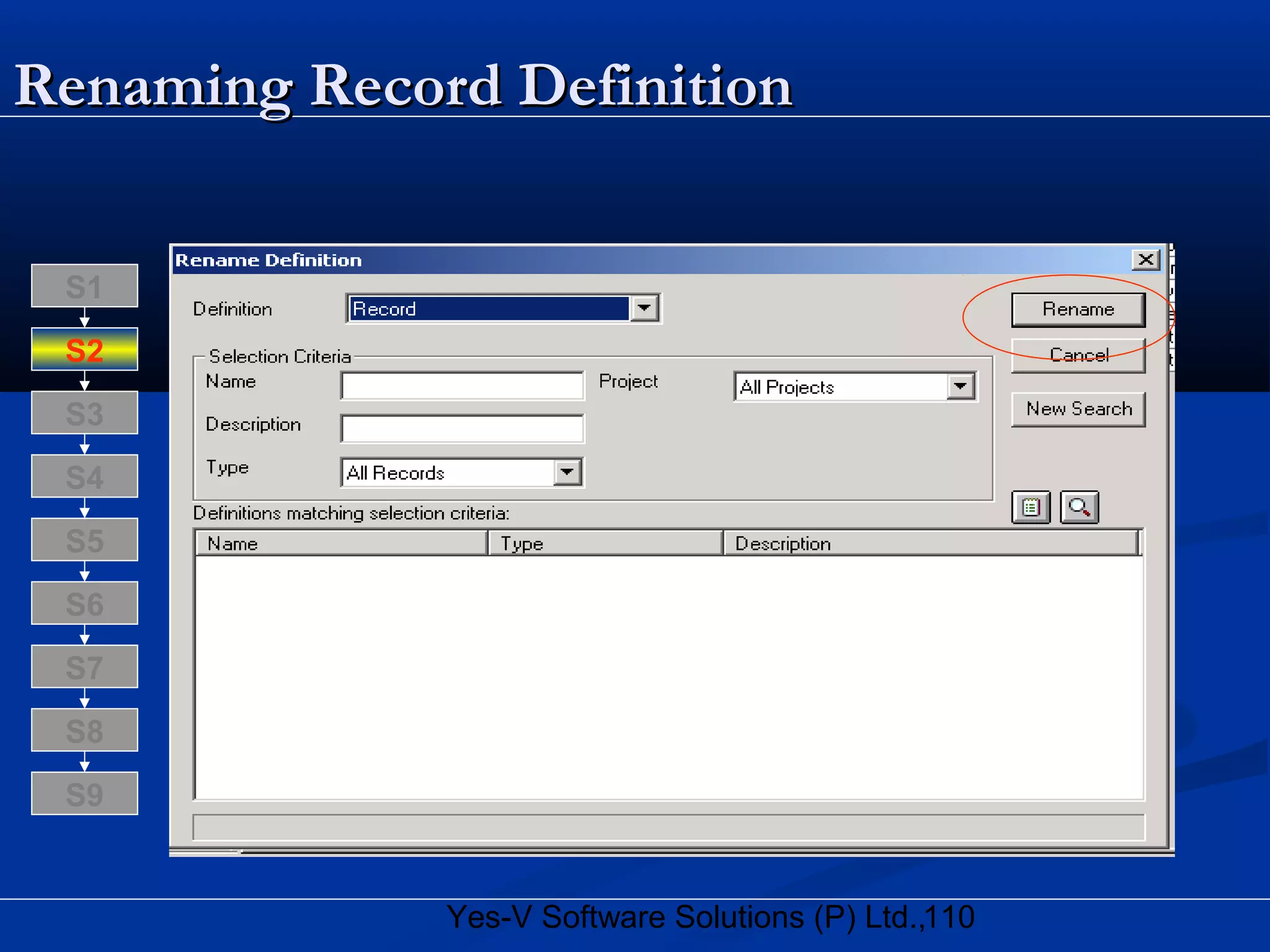 110Yes-V Software Solutions (P) Ltd.,
Renaming Record DefinitionRenaming Record Definition
S8
S9
S7
S6
S5
S4
S3
S2
S1
 