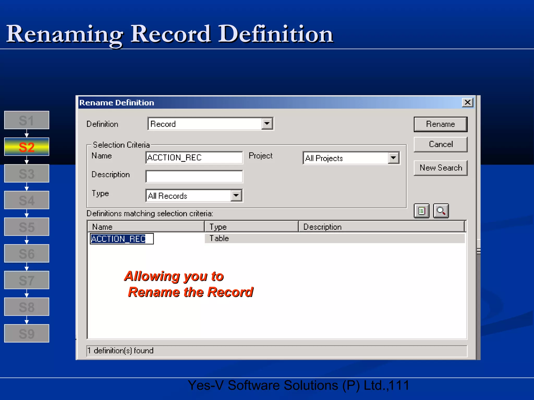 111Yes-V Software Solutions (P) Ltd.,
Renaming Record DefinitionRenaming Record Definition
Allowing you toAllowing you to
Rename the RecordRename the Record
S8
S9
S7
S6
S5
S4
S3
S2
S1
 