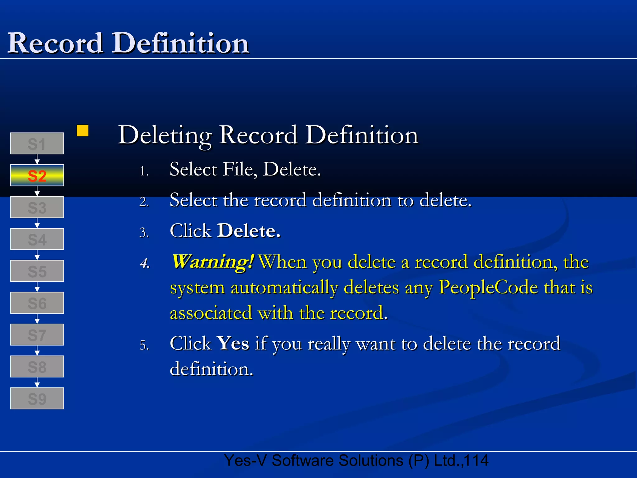 114Yes-V Software Solutions (P) Ltd.,
Record DefinitionRecord Definition
 Deleting Record DefinitionDeleting Record Definition
1.1. Select File, Delete.Select File, Delete.
2.2. Select the record definition to delete.Select the record definition to delete.
3.3. ClickClick Delete.Delete.
4.4. Warning!Warning! When you delete a record definition, theWhen you delete a record definition, the
system automatically deletes any PeopleCode that issystem automatically deletes any PeopleCode that is
associated with the recordassociated with the record..
5.5. ClickClick YesYes if you really want to delete the recordif you really want to delete the record
definition.definition.S8
S9
S7
S6
S5
S4
S3
S2
S1
 