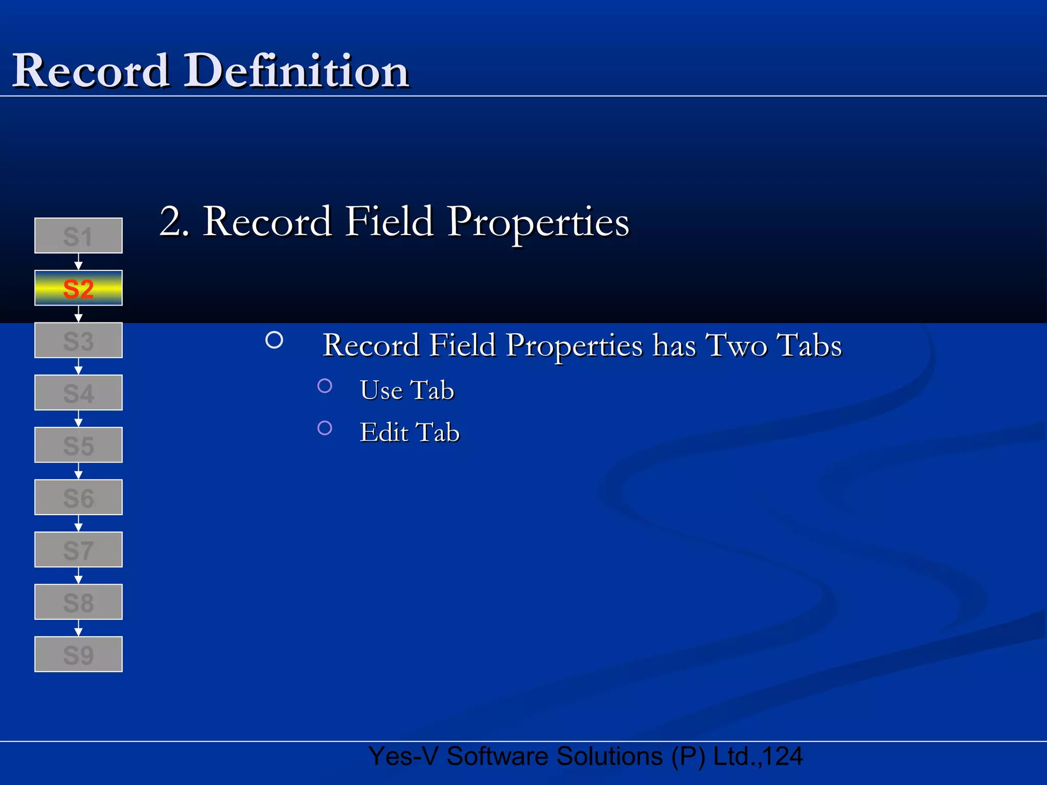 124Yes-V Software Solutions (P) Ltd.,
Record DefinitionRecord Definition
2. Record Field Properties2. Record Field Properties
 Record Field Properties has Two TabsRecord Field Properties has Two Tabs
 Use TabUse Tab
 Edit TabEdit Tab
S8
S9
S7
S6
S5
S4
S3
S2
S1
 