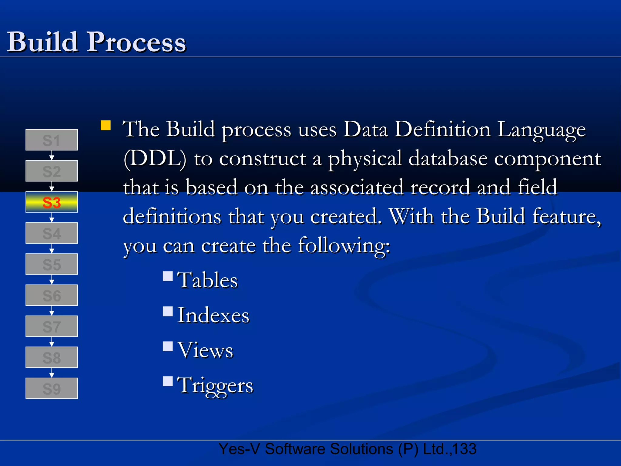 133Yes-V Software Solutions (P) Ltd.,
Build ProcessBuild Process
 The Build process uses Data Definition LanguageThe Build process uses Data Definition Language
(DDL) to construct a physical database component(DDL) to construct a physical database component
that is based on the associated record and fieldthat is based on the associated record and field
definitions that you created. With the Build feature,definitions that you created. With the Build feature,
you can create the following:you can create the following:
 TablesTables
 IndexesIndexes
 ViewsViews
 TriggersTriggers
S8
S9
S7
S6
S5
S4
S3
S2
S1
 