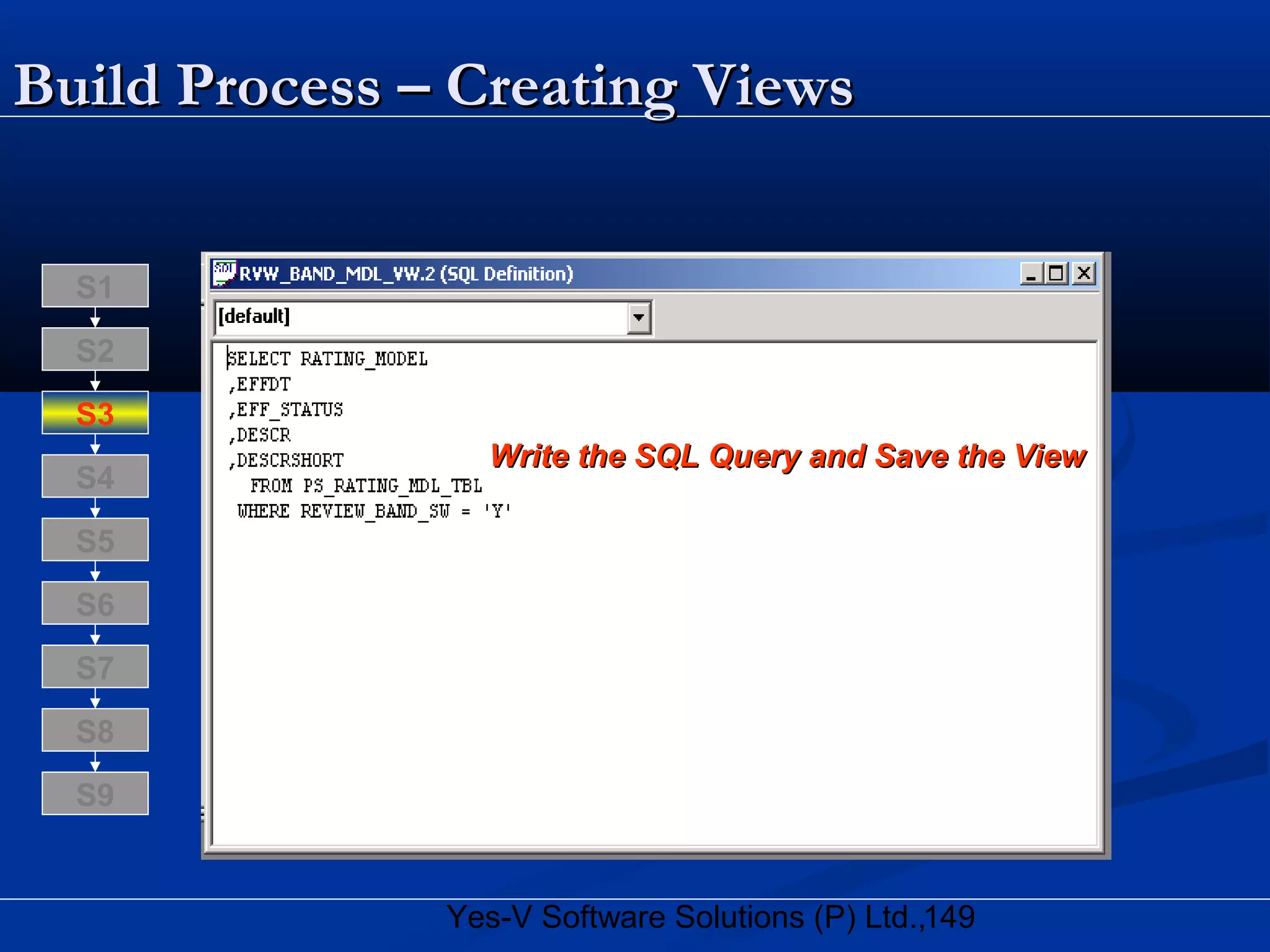 149Yes-V Software Solutions (P) Ltd.,
Build Process – Creating ViewsBuild Process – Creating Views
Write the SQL Query and Save the ViewWrite the SQL Query and Save the View
S8
S9
S7
S6
S5
S4
S3
S2
S1
 