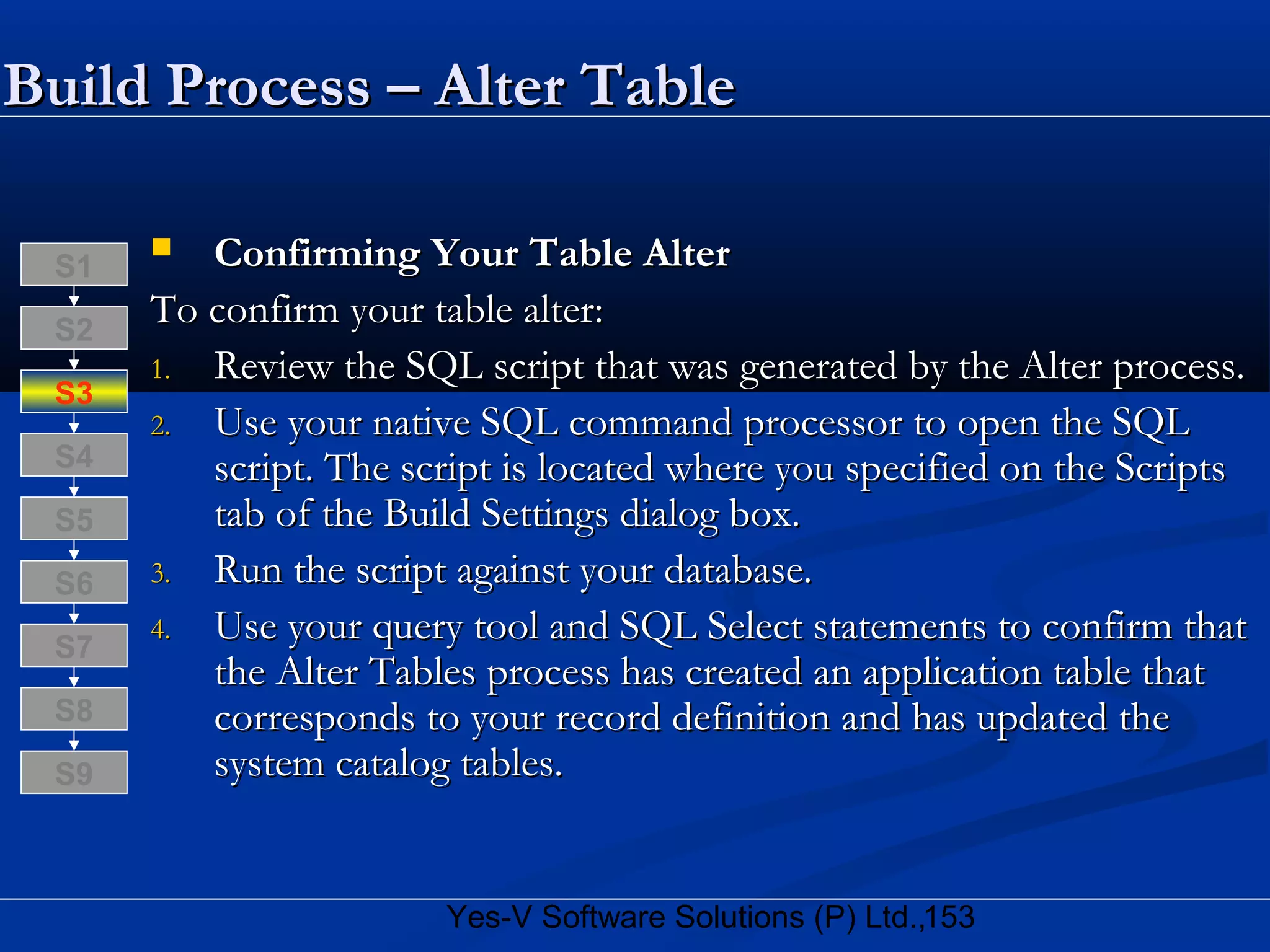 153Yes-V Software Solutions (P) Ltd.,
Build Process – Alter TableBuild Process – Alter Table
 Confirming Your Table AlterConfirming Your Table Alter
To confirm your table alter:To confirm your table alter:
1.1. Review the SQL script that was generated by the Alter process.Review the SQL script that was generated by the Alter process.
2.2. Use your native SQL command processor to open the SQLUse your native SQL command processor to open the SQL
script. The script is located where you specified on the Scriptsscript. The script is located where you specified on the Scripts
tab of the Build Settings dialog box.tab of the Build Settings dialog box.
3.3. Run the script against your database.Run the script against your database.
4.4. Use your query tool and SQL Select statements to confirm thatUse your query tool and SQL Select statements to confirm that
the Alter Tables process has created an application table thatthe Alter Tables process has created an application table that
corresponds to your record definition and has updated thecorresponds to your record definition and has updated the
system catalog tables.system catalog tables.
S8
S9
S7
S6
S5
S4
S3
S2
S1
 