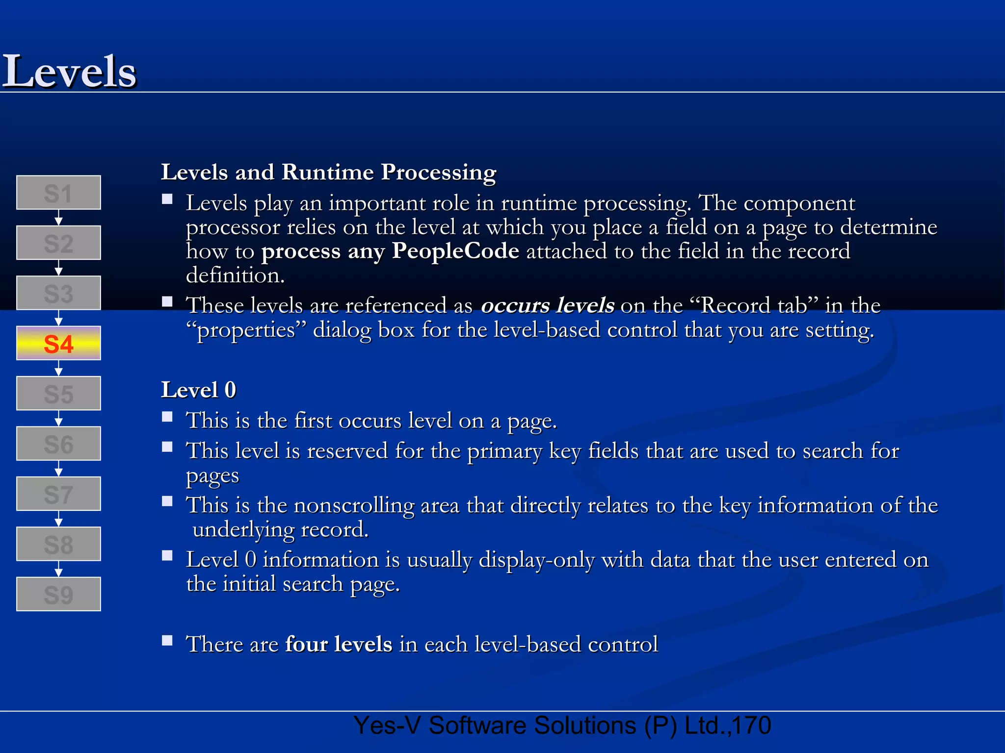 170Yes-V Software Solutions (P) Ltd.,
LevelsLevels
Levels and Runtime ProcessingLevels and Runtime Processing
 Levels play an important role in runtime processing. The componentLevels play an important role in runtime processing. The component
processor relies on the level at which you place a field on a page to determineprocessor relies on the level at which you place a field on a page to determine
how tohow to process any PeopleCodeprocess any PeopleCode attached to the field in the recordattached to the field in the record
definition.definition.
 These levels are referenced asThese levels are referenced as occurs levelsoccurs levels on the “Record tab” in theon the “Record tab” in the
“properties” dialog box for the level-based control that you are setting.“properties” dialog box for the level-based control that you are setting.
Level 0Level 0
 This is the first occurs level on a page.This is the first occurs level on a page.
 This level is reserved for the primary key fields that are used to search forThis level is reserved for the primary key fields that are used to search for
pagespages
 This is the nonscrolling area that directly relates to the key information of theThis is the nonscrolling area that directly relates to the key information of the
underlying record.underlying record.
 Level 0 information is usually display-only with data that the user entered onLevel 0 information is usually display-only with data that the user entered on
the initial search page.the initial search page.
 There areThere are four levelsfour levels in each level-based controlin each level-based control
S8
S9
S7
S6
S5
S4
S3
S2
S1
 