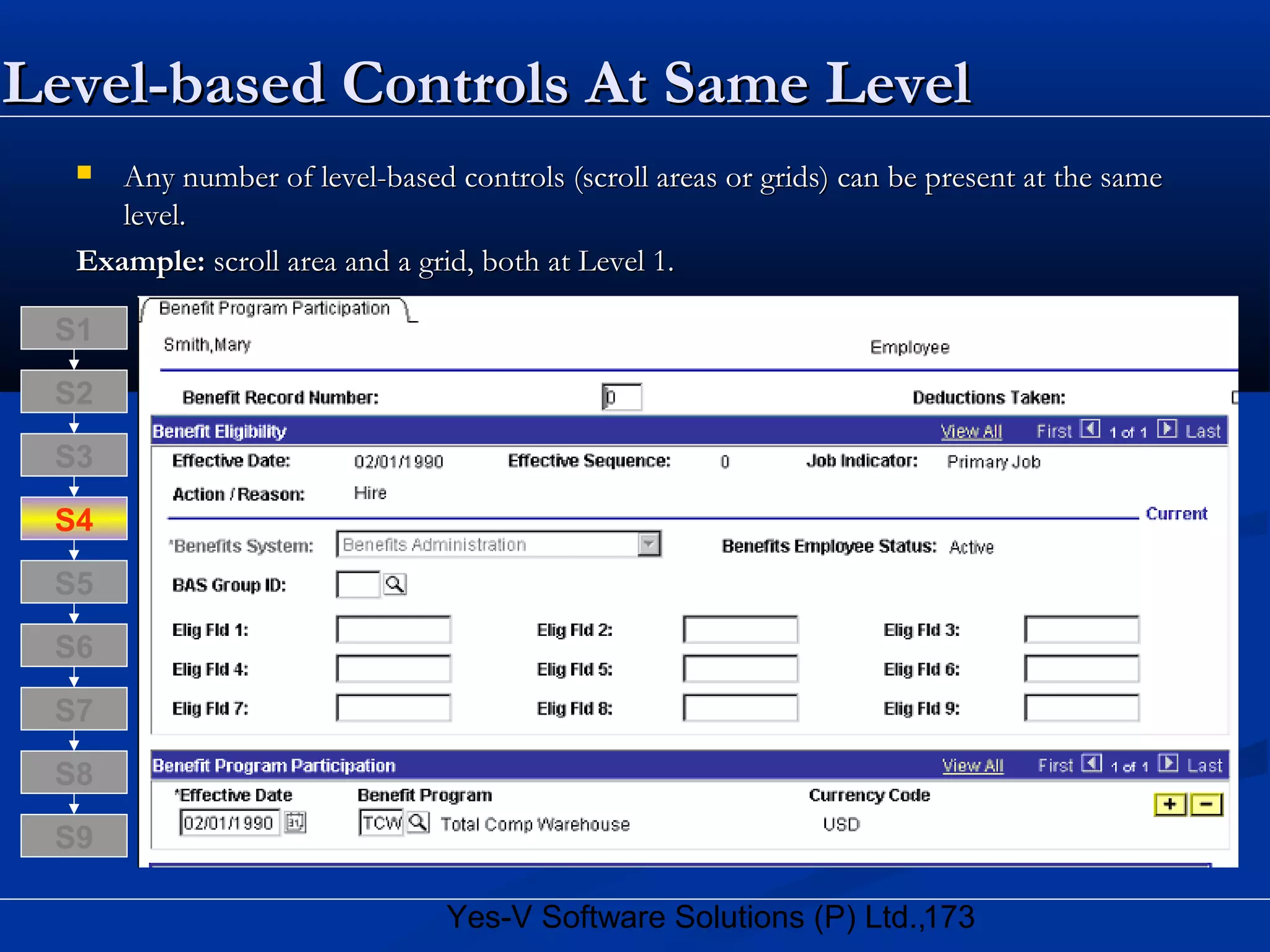 173Yes-V Software Solutions (P) Ltd.,
Level-based Controls At Same LevelLevel-based Controls At Same Level
 Any number of level-based controls (scroll areas or grids) can be present at the sameAny number of level-based controls (scroll areas or grids) can be present at the same
level.level.
Example:Example: scroll area and a grid, both at Level 1.scroll area and a grid, both at Level 1.
S8
S9
S7
S6
S5
S4
S3
S2
S1
 