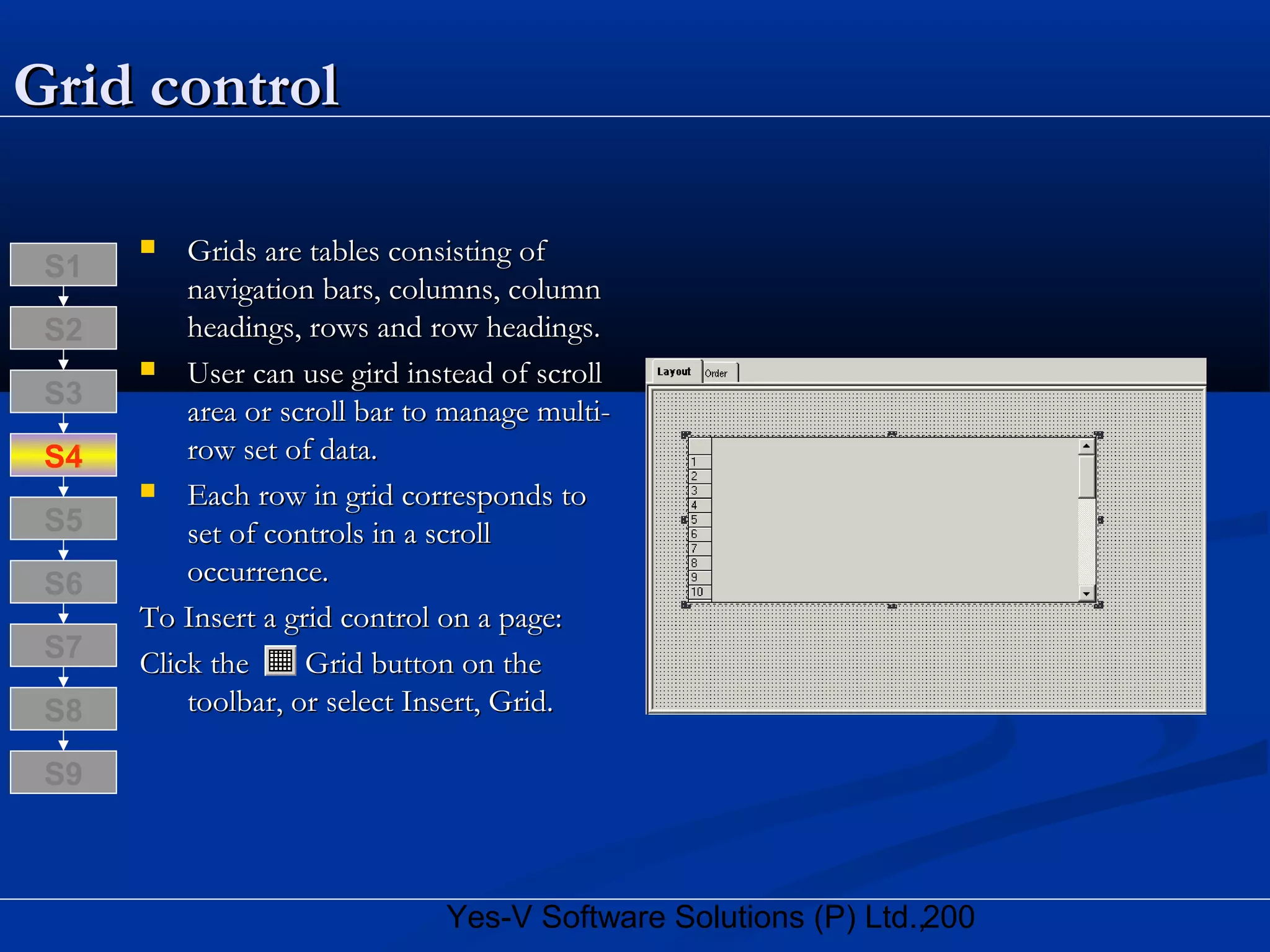 200Yes-V Software Solutions (P) Ltd.,
Grid controlGrid control
 Grids are tables consisting ofGrids are tables consisting of
navigation bars, columns, columnnavigation bars, columns, column
headings, rows and row headings.headings, rows and row headings.
 User can use gird instead of scrollUser can use gird instead of scroll
area or scroll bar to manage multi-area or scroll bar to manage multi-
row set of data.row set of data.
 Each row in grid corresponds toEach row in grid corresponds to
set of controls in a scrollset of controls in a scroll
occurrence.occurrence.
To Insert a grid control on a page:To Insert a grid control on a page:
Click the Grid button on theClick the Grid button on the
toolbar, or select Insert, Grid.toolbar, or select Insert, Grid.S8
S9
S7
S6
S5
S4
S3
S2
S1
 