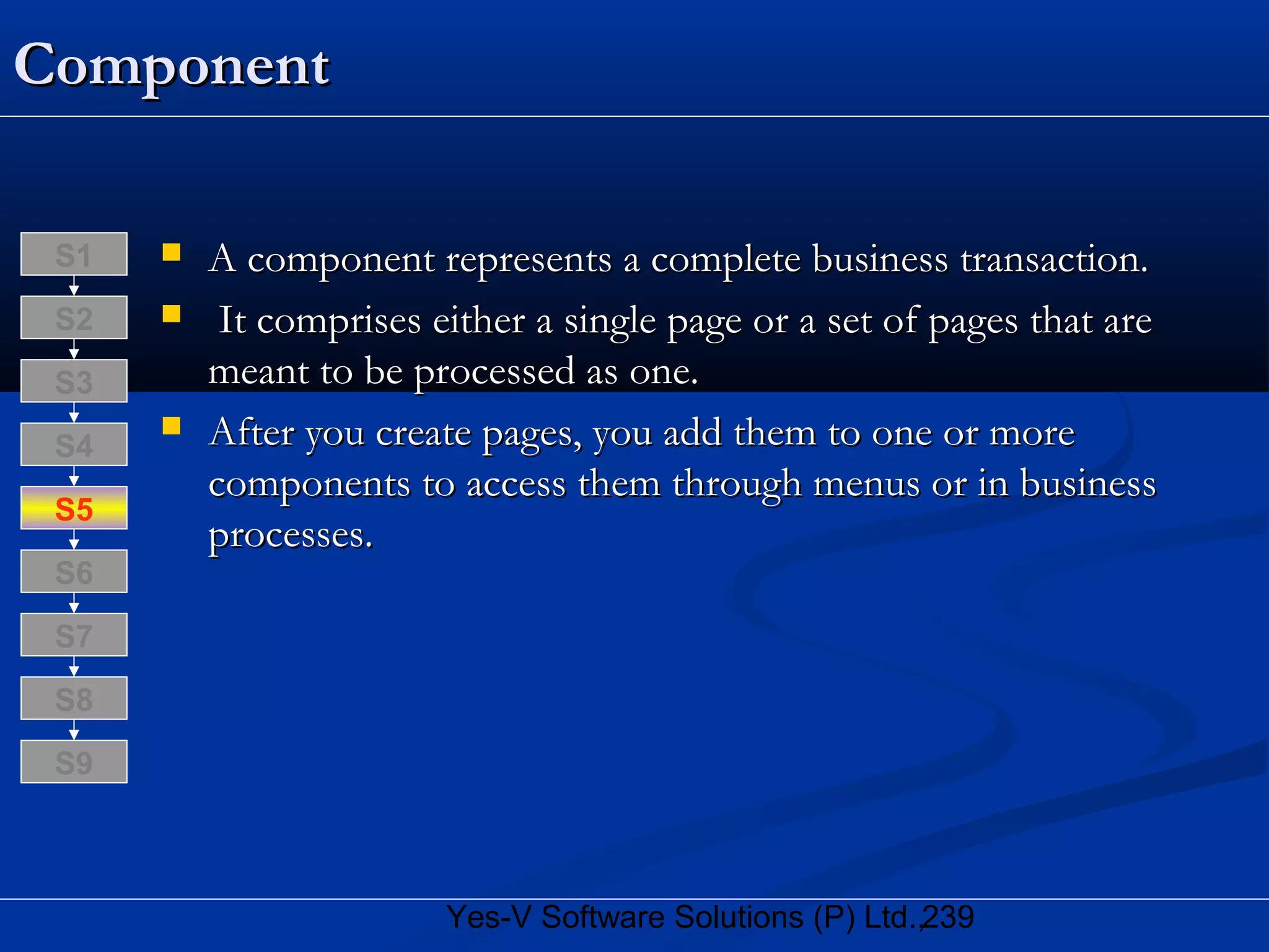 239Yes-V Software Solutions (P) Ltd.,
ComponentComponent
 A component represents a complete business transaction.A component represents a complete business transaction.
 It comprises either a single page or a set of pages that areIt comprises either a single page or a set of pages that are
meant to be processed as one.meant to be processed as one.
 After you create pages, you add them to one or moreAfter you create pages, you add them to one or more
components to access them through menus or in businesscomponents to access them through menus or in business
processes.processes.
S8
S9
S7
S6
S5
S4
S3
S2
S1
 