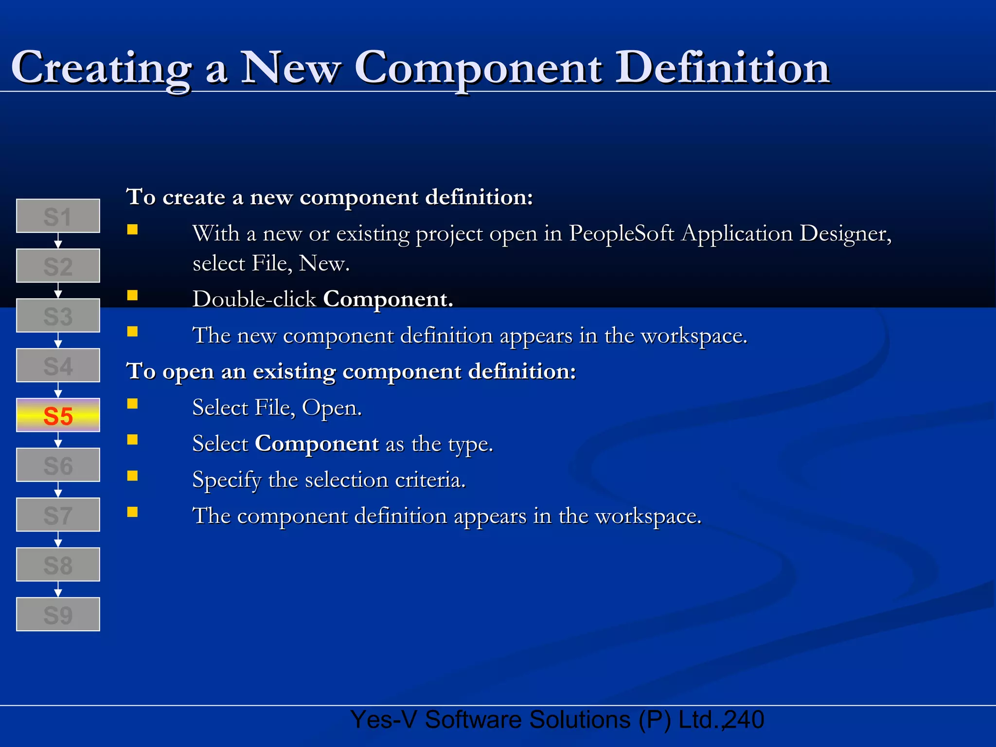 240Yes-V Software Solutions (P) Ltd.,
Creating a New Component DefinitionCreating a New Component Definition
To create a new component definition:To create a new component definition:
 With a new or existing project open in PeopleSoft Application Designer,With a new or existing project open in PeopleSoft Application Designer,
select File, New.select File, New.
 Double-clickDouble-click Component.Component.
 The new component definition appears in the workspace.The new component definition appears in the workspace.
To open an existing component definition:To open an existing component definition:
 Select File, Open.Select File, Open.
 SelectSelect ComponentComponent as the type.as the type.
 Specify the selection criteria.Specify the selection criteria.
 The component definition appears in the workspace.The component definition appears in the workspace.
S8
S9
S7
S6
S5
S4
S3
S2
S1
 
