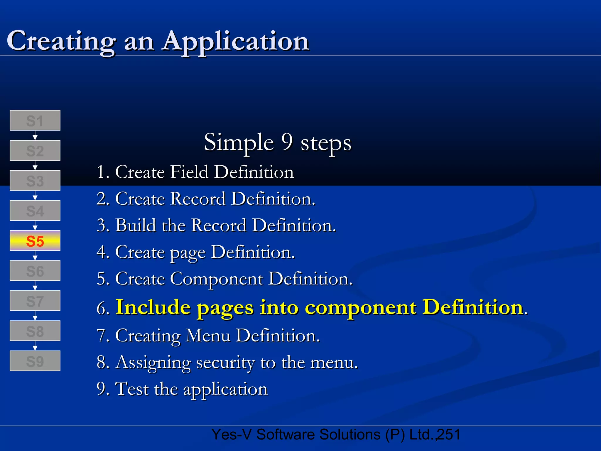 251Yes-V Software Solutions (P) Ltd.,
Creating an ApplicationCreating an Application
Simple 9 stepsSimple 9 steps
1. Create Field Definition1. Create Field Definition
2. Create Record Definition.2. Create Record Definition.
3. Build the Record Definition.3. Build the Record Definition.
4. Create page Definition.4. Create page Definition.
5. Create Component Definition.5. Create Component Definition.
6.6. Include pages into component DefinitionInclude pages into component Definition..
7. Creating Menu Definition.7. Creating Menu Definition.
8. Assigning security to the menu.8. Assigning security to the menu.
9. Test the application9. Test the application
S8
S9
S7
S6
S5
S4
S3
S2
S1
 