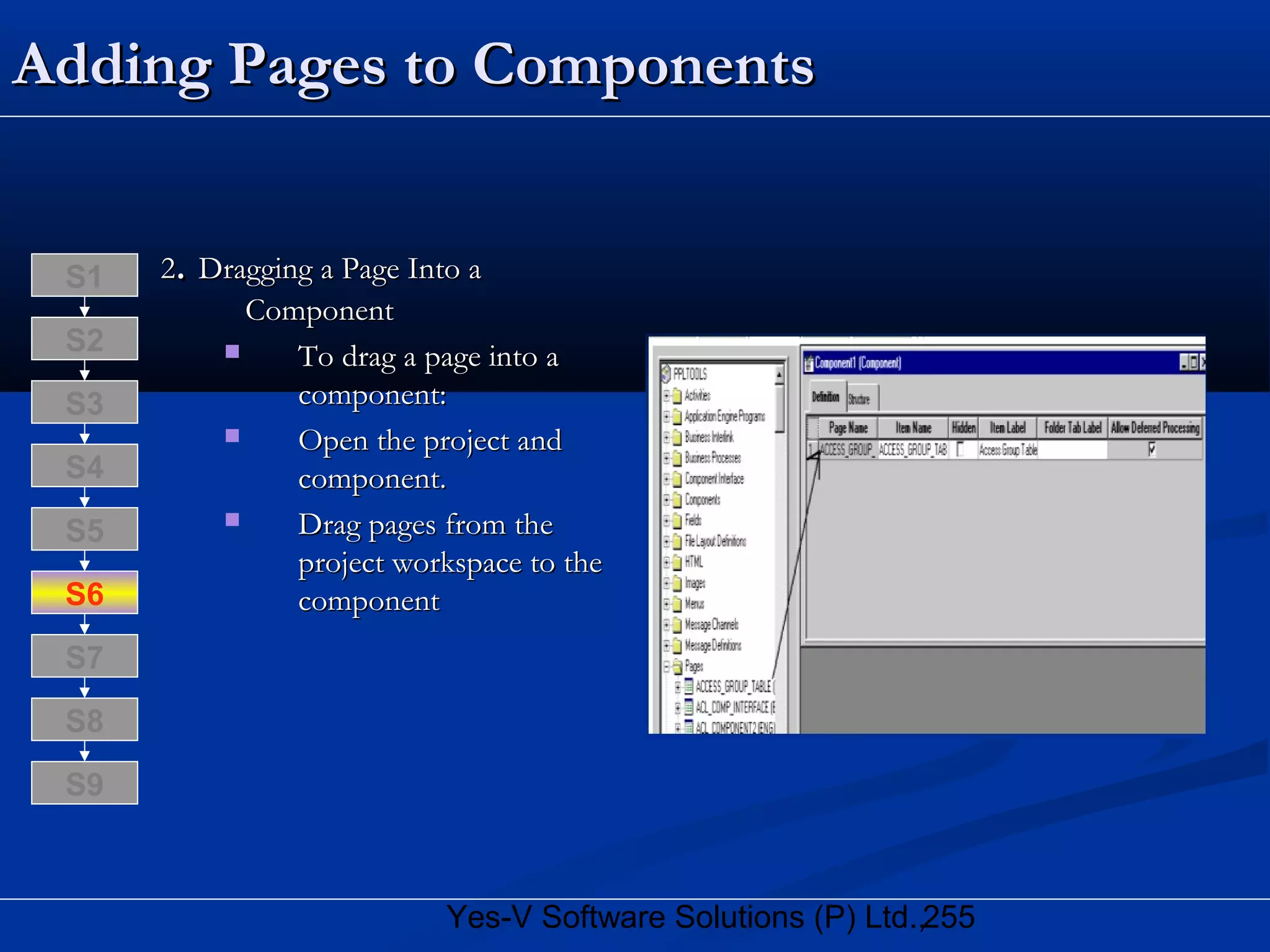 255Yes-V Software Solutions (P) Ltd.,
Adding Pages to ComponentsAdding Pages to Components
22.. Dragging a Page Into aDragging a Page Into a
ComponentComponent
 To drag a page into aTo drag a page into a
component:component:
 Open the project andOpen the project and
component.component.
 DragDrag pagespages from thefrom the
project workspace to theproject workspace to the
componentcomponent
S8
S9
S7
S6
S5
S4
S3
S2
S1
 