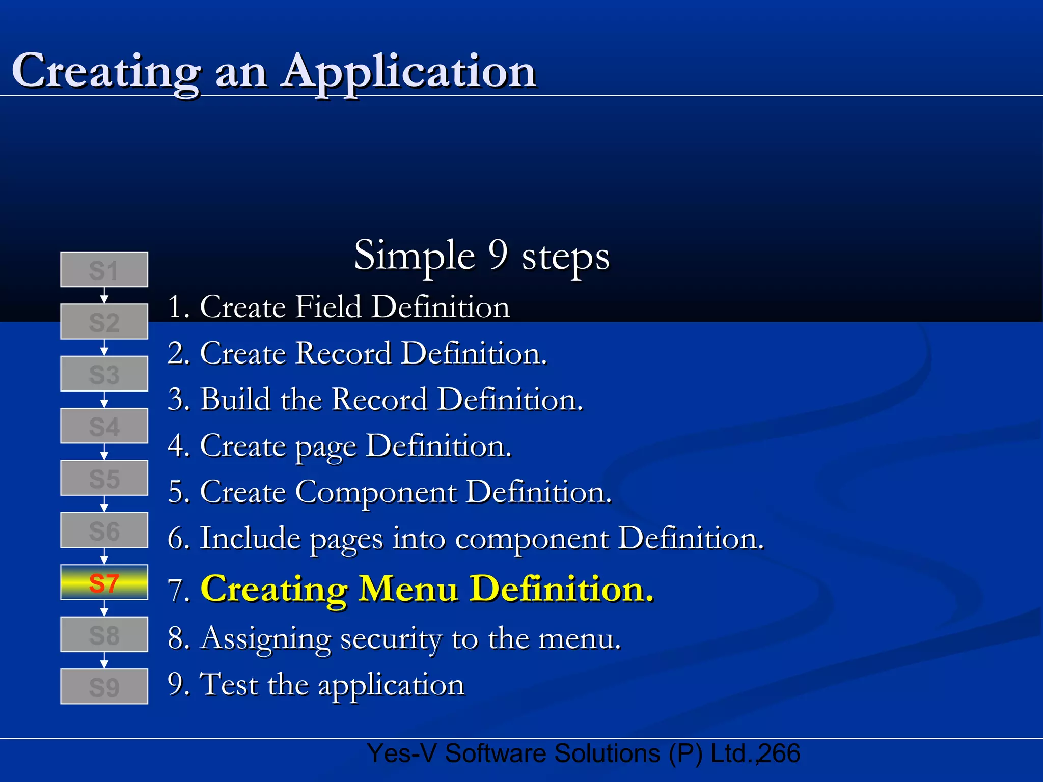 266Yes-V Software Solutions (P) Ltd.,
Creating an ApplicationCreating an Application
Simple 9 stepsSimple 9 steps
1. Create Field Definition1. Create Field Definition
2. Create Record Definition.2. Create Record Definition.
3. Build the Record Definition.3. Build the Record Definition.
4. Create page Definition.4. Create page Definition.
5. Create Component Definition.5. Create Component Definition.
6. Include pages into component Definition.6. Include pages into component Definition.
7.7. Creating Menu Definition.Creating Menu Definition.
8. Assigning security to the menu.8. Assigning security to the menu.
9. Test the application9. Test the application
S8
S9
S7
S6
S5
S4
S3
S2
S1
 